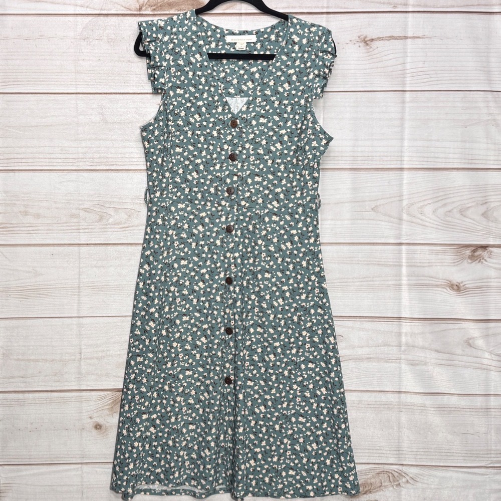 Monteau Los Angeles Floral Button Down Midi Dress Teal Blue Pink White Size M